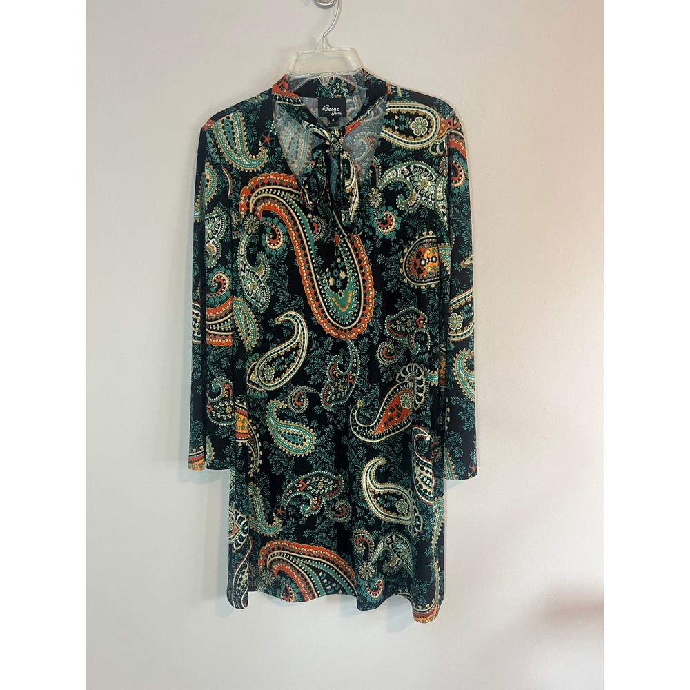 Beige by ECI Paisley Tie Neck Shift Dress Teal Orange Black Long Sleeve Small‎